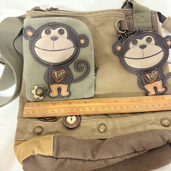 Chala Patch Crossbody Handbag in olive green canvas with a monkey charm - Picture 6 of 11